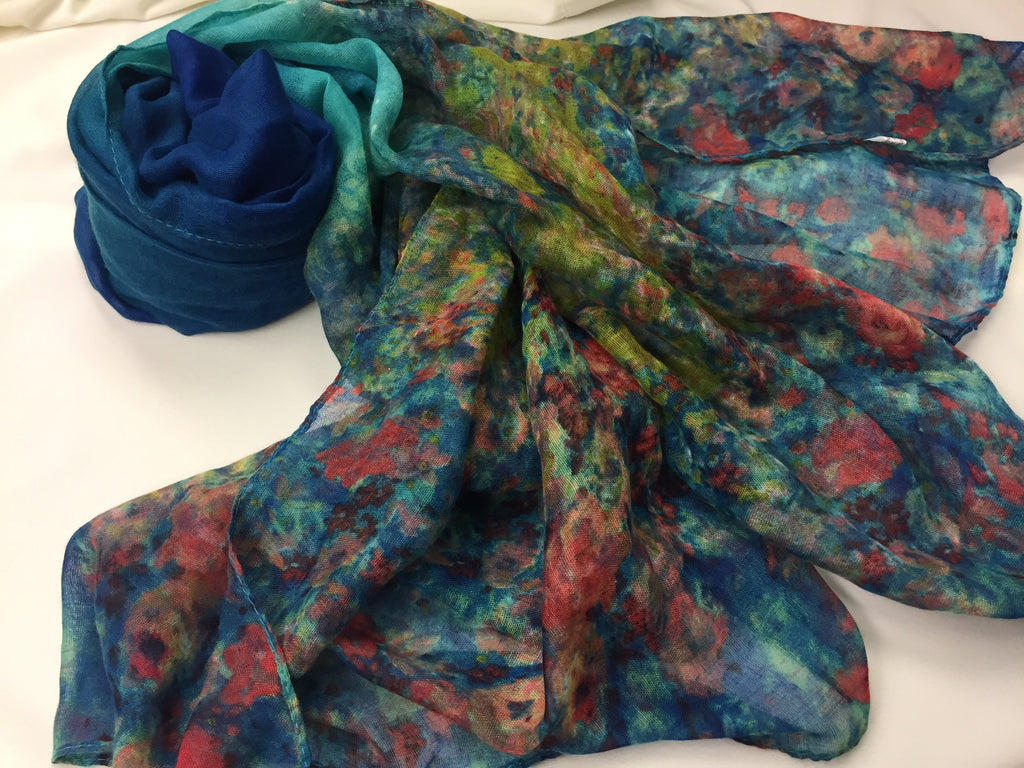 blue ombre viscose hijab with floral water paint ends