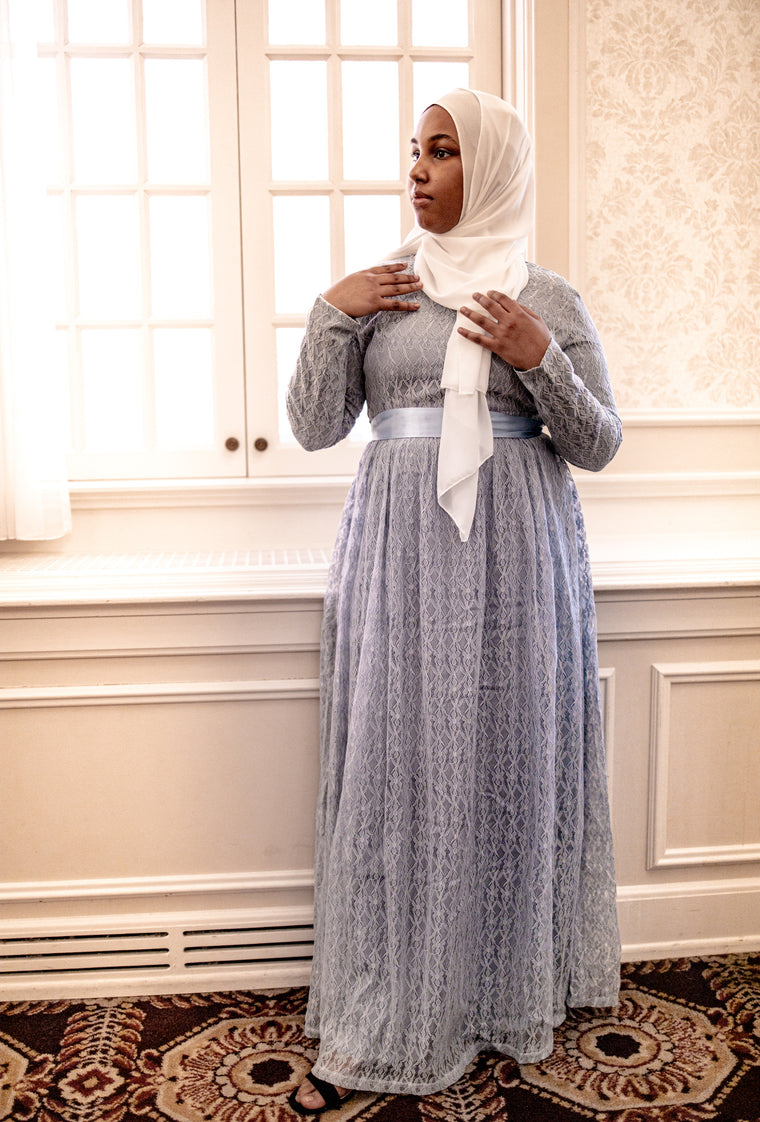 Long Sleeve Lace Maxi Dress with Satin Belt - Pale Blue