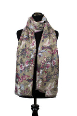 tan floral hijab with white, pink, and brown flowers