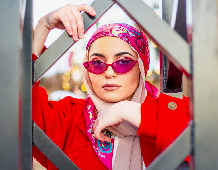 pink satin square hijab with paisley print