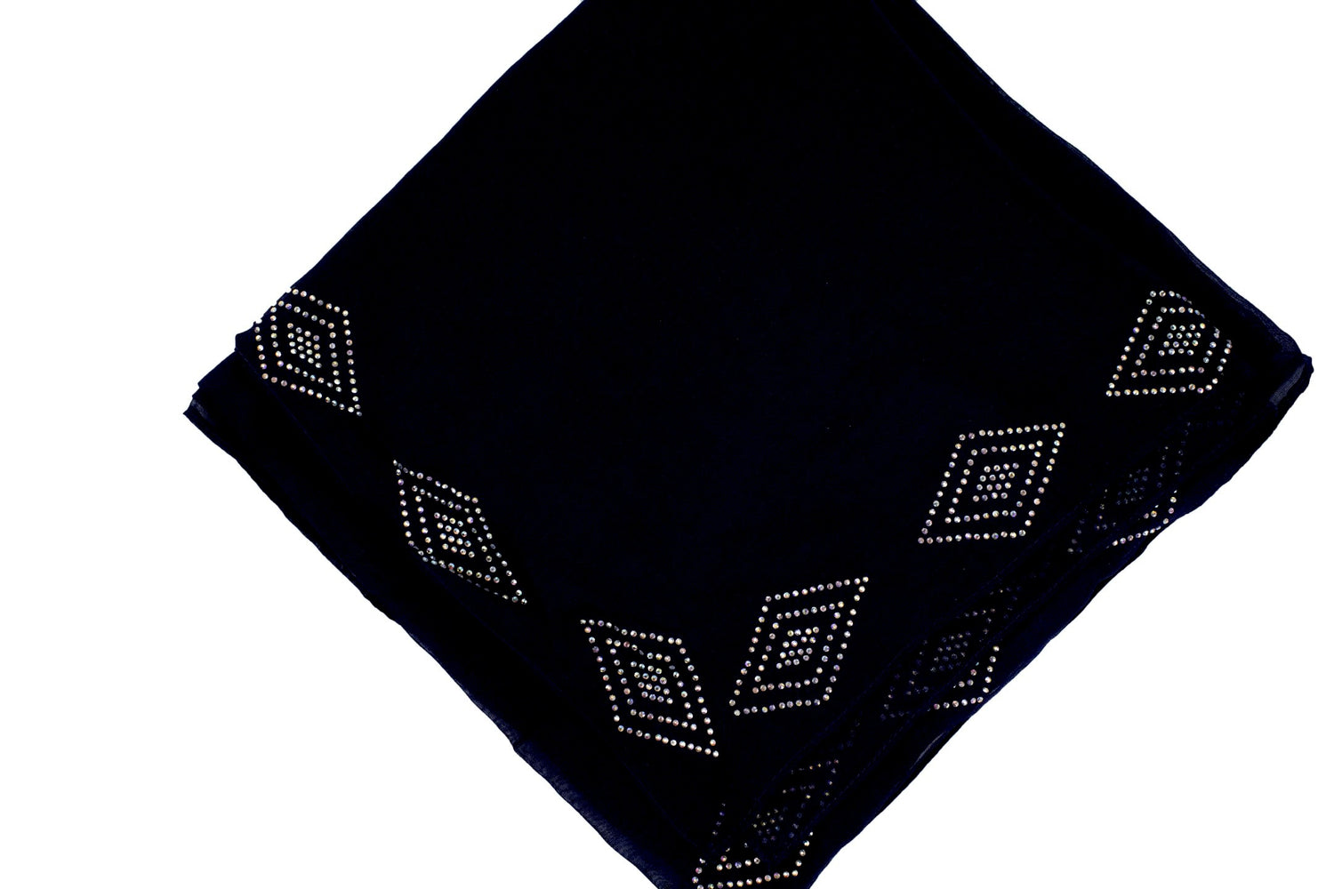 black viscose square hijab with white diamond shaped gemstones along the edges