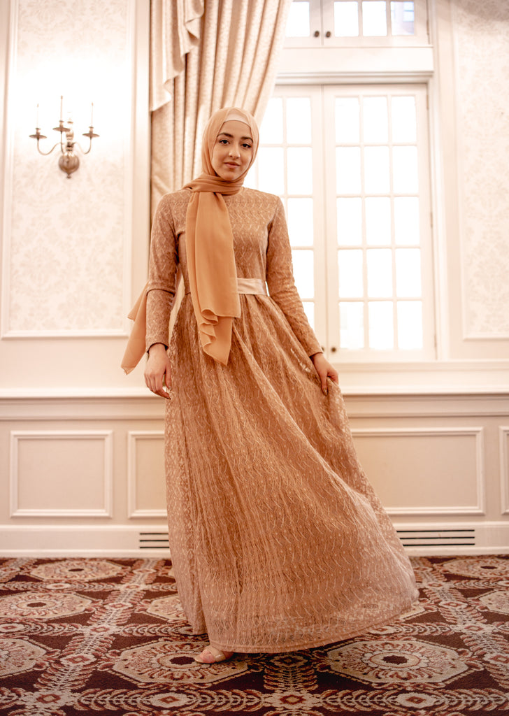 Long Sleeve Lace Maxi Dress with Satin Belt - Butterscotch – Bella Hijabs