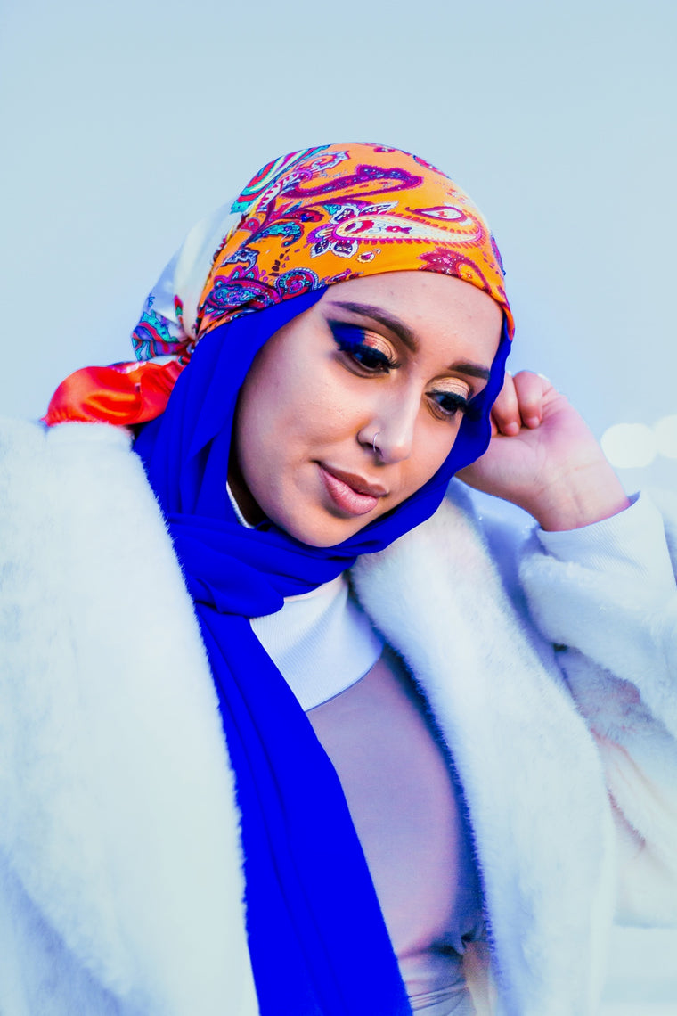 orange and creme satin square hijab with paisley print