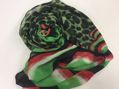 green, red, white, and black hijab with cheetah print and swirls