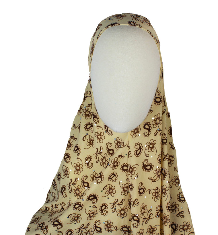 One-Piece Sequin Slip-on Khimar - Tan Floral Paisley