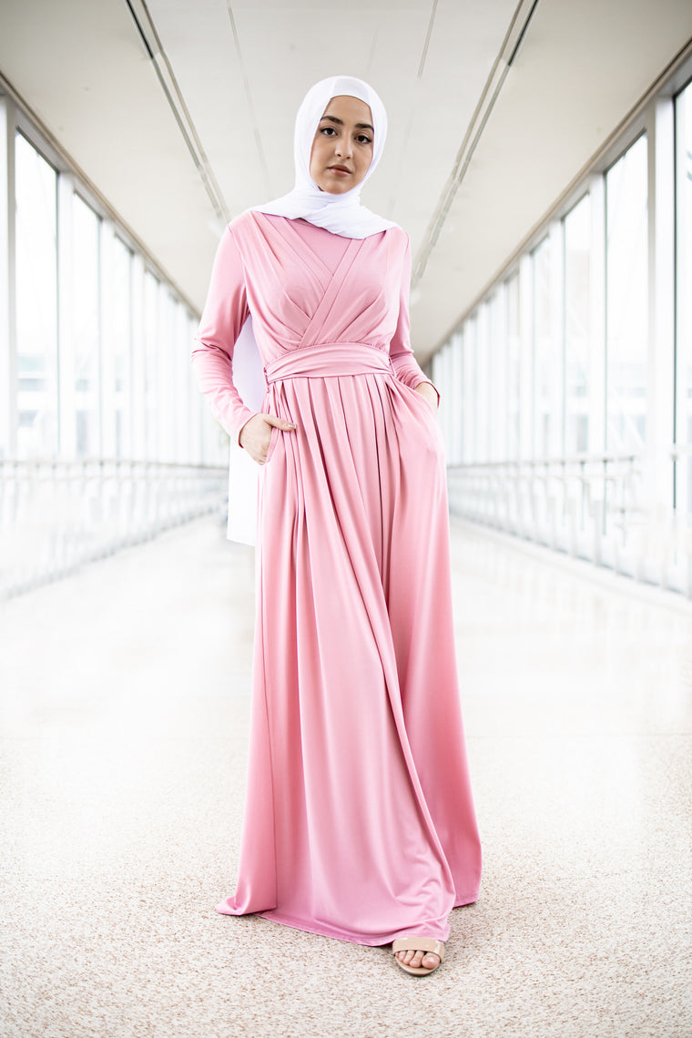 Long Sleeve Criss Cross Maxi Dress - Pink
