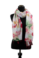 white tropical floral hijab with hot pink flowers and tassels