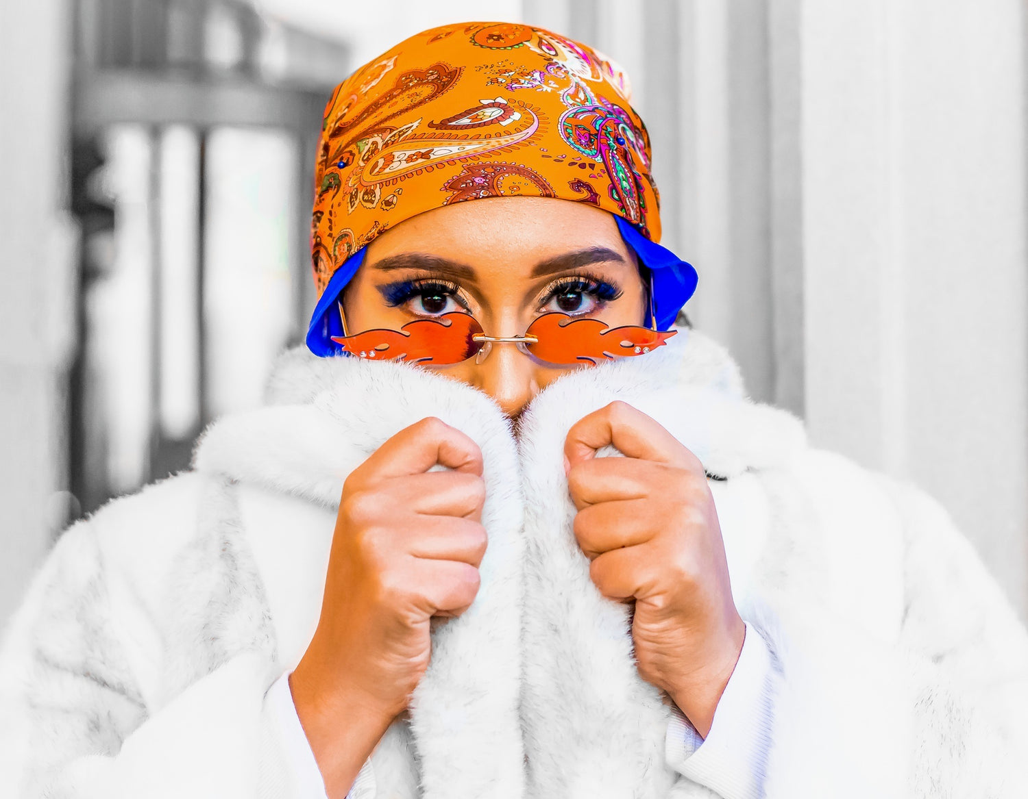 satin square hijab in orange with paisley print