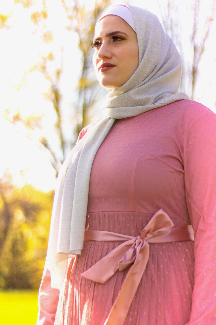 pink polka dot long sleeve maxi dress with satin waist belt