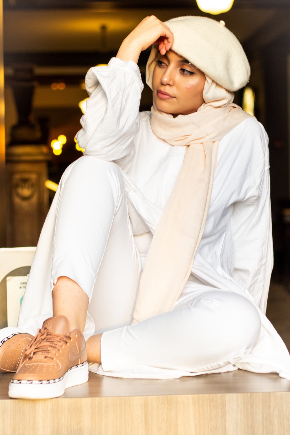 solid creme hijab with crepe texture