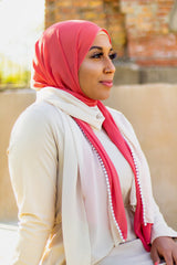 chiffon hijab with two colors creme and salmon and pearls in the middle