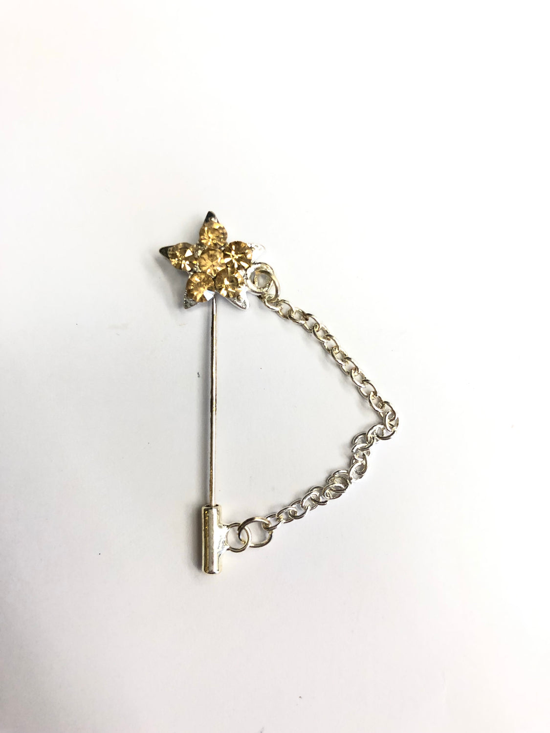 silver clasp pin with gold star jewel and a chain