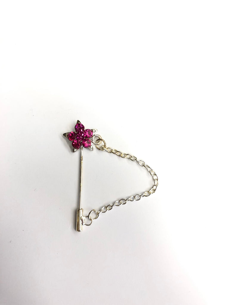 silver clasp pin with hot pink star jewel and a chain