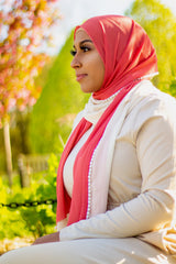 chiffon hijab with two colors creme and salmon and pearls in the middle