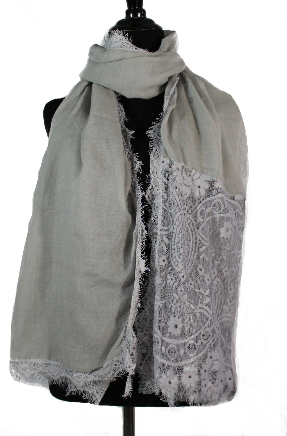 gray silver premium viscose hijab with lace ends and lace trim