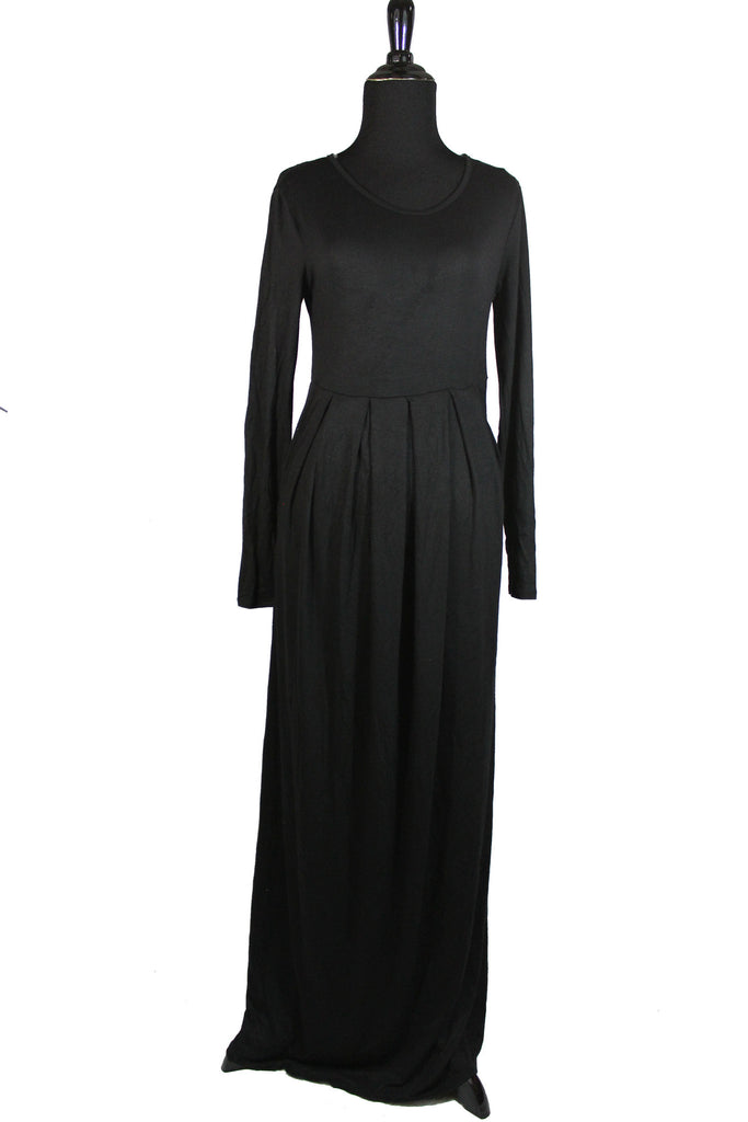 black basic long sleeve jersey maxi dress with pockets