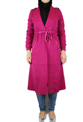 long sleeved magenta maxi cardigan with pockets and a waist tie