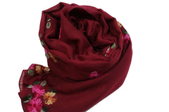 maroon solid viscose hijab with floral embroidery in pink red and orange