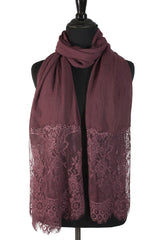 burgundy maroon premium viscose hijab with lace ends and lace trim