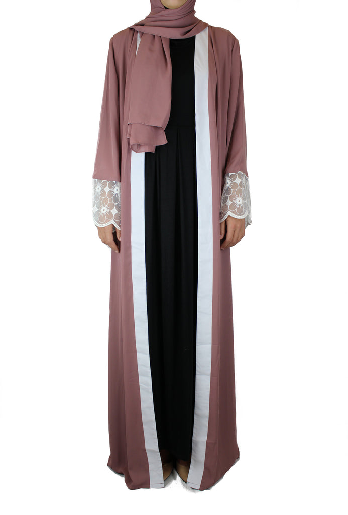 abaya in mauve embellished with lace sleeves and a matching hijab