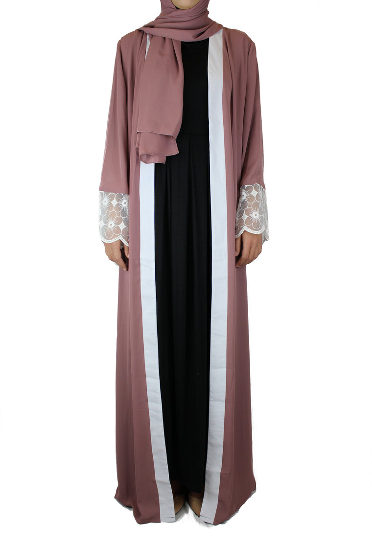 georgette hijab in mauve with lace on one end