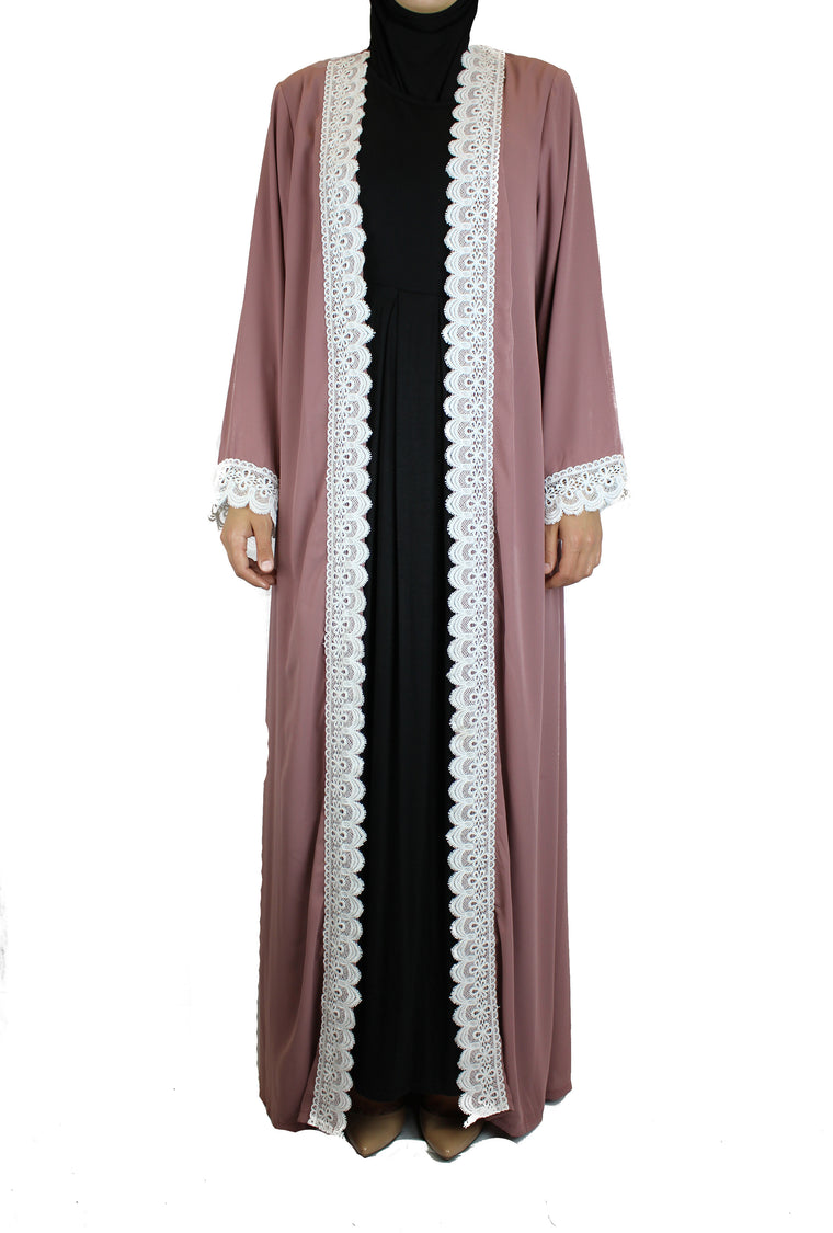 Lace Trim Open Abaya - Mauve