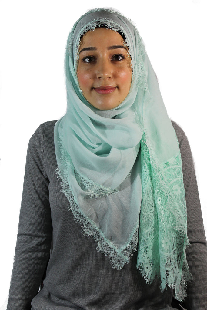 mint green blue premium viscose hijab with lace ends and lace trim