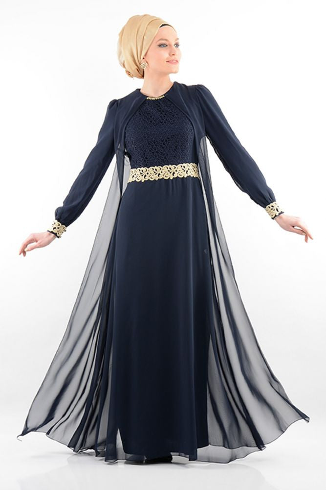 Elegant Abaya With Chiffon Vest - Navy Blue