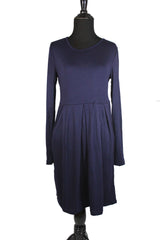 navy long sleeved midi top with an aline and pleats