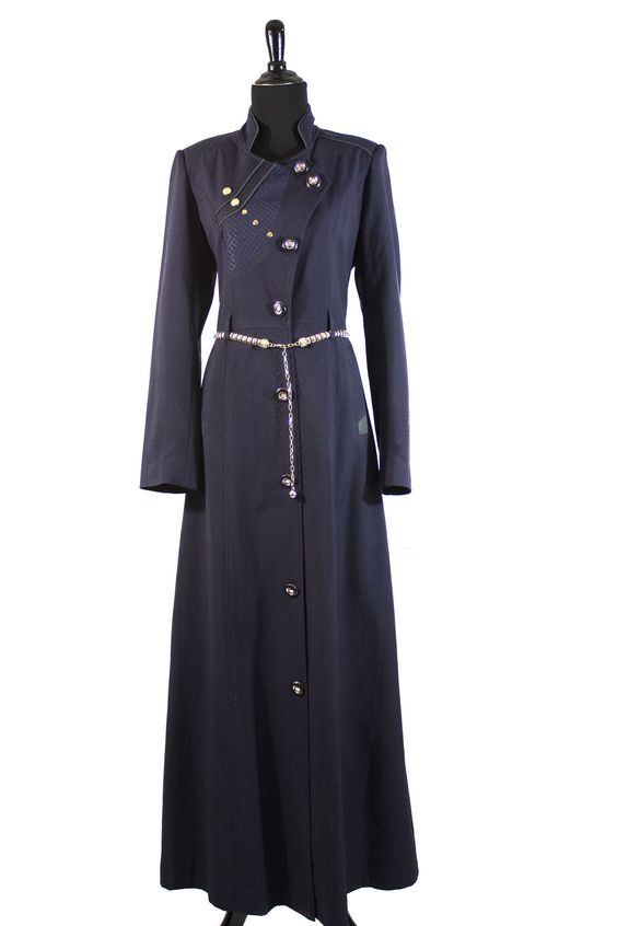 dark navy jilbab with buttons and a gold belt