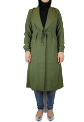 long sleeved olive maxi cardigan with pockets and a waist tie