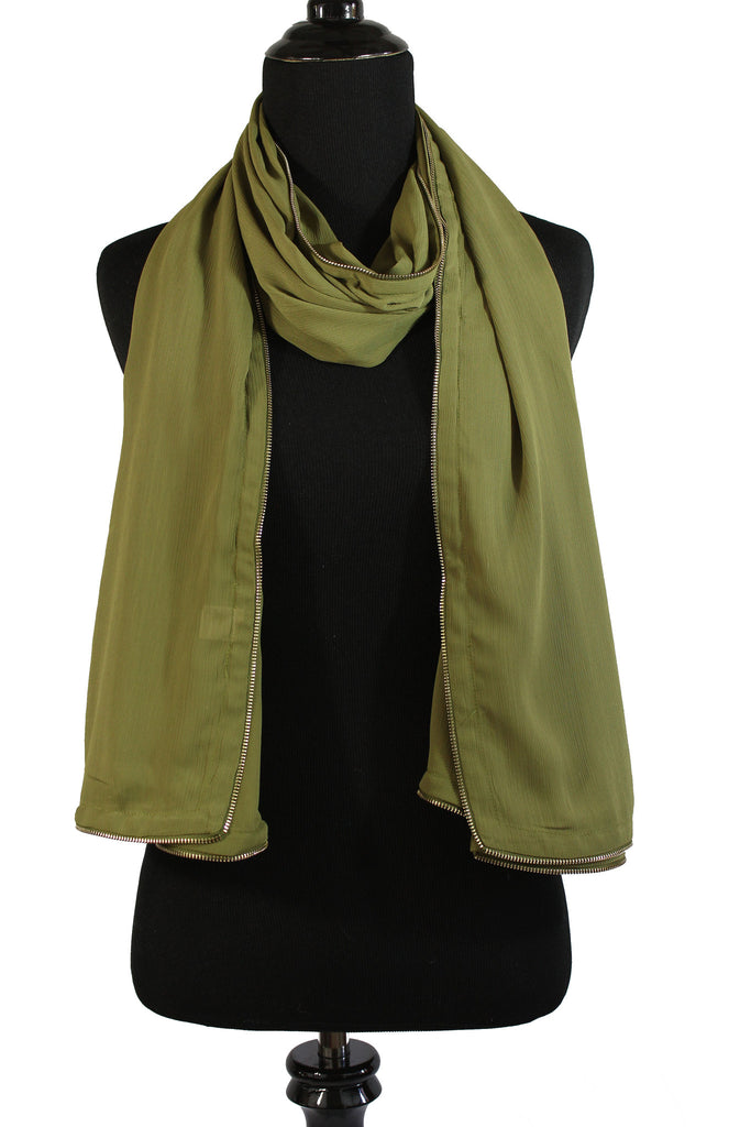 olive green chiffon hijab with gold zipper embellishment along the edges
