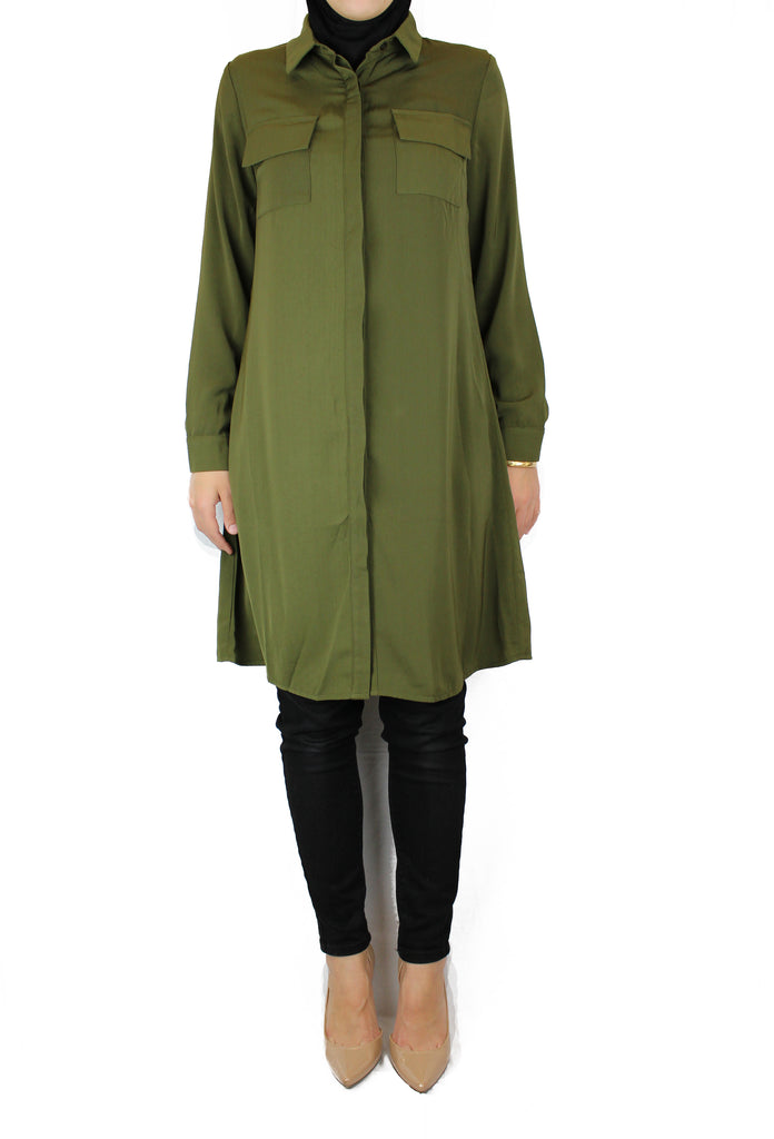 olive modest long sleeved dress shirt with pockets and a collar