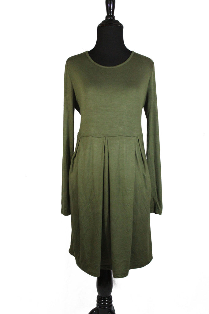 olive long sleeved midi top with an aline and pleats