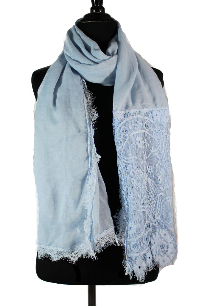 periwinkle powder blue premium viscose hijab with lace ends and lace trim