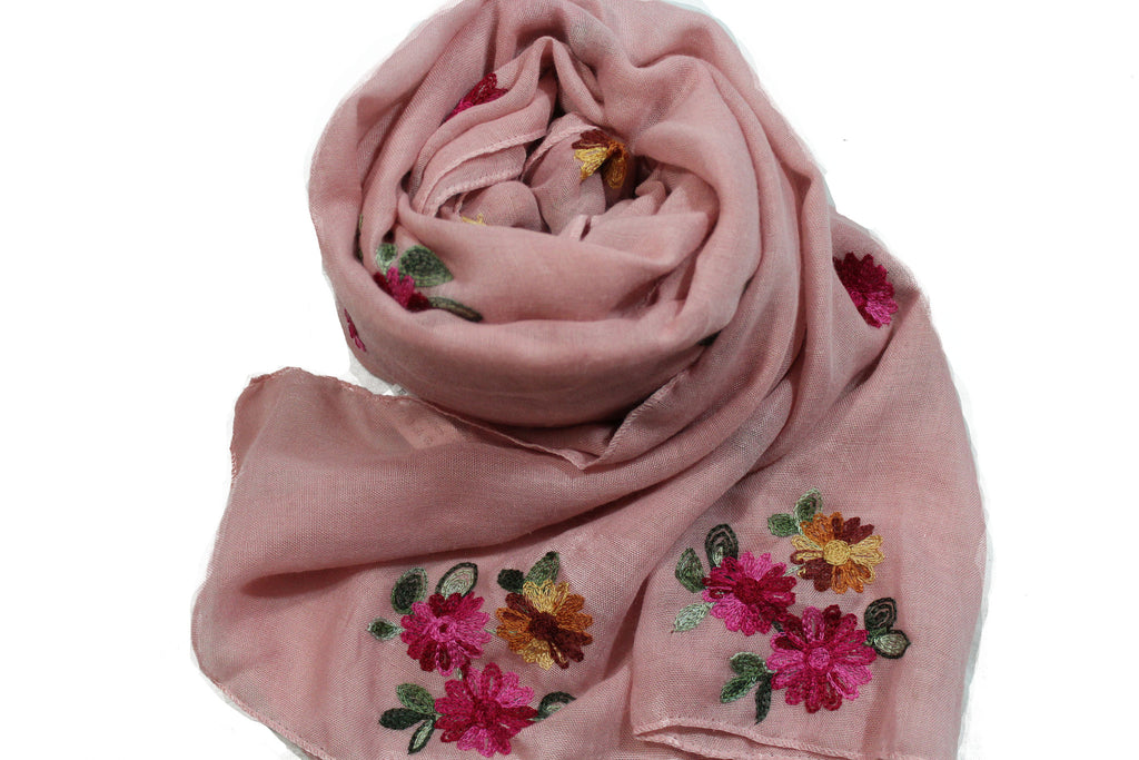berry pink blush solid viscose hijab with floral embroidery in pink red and orange