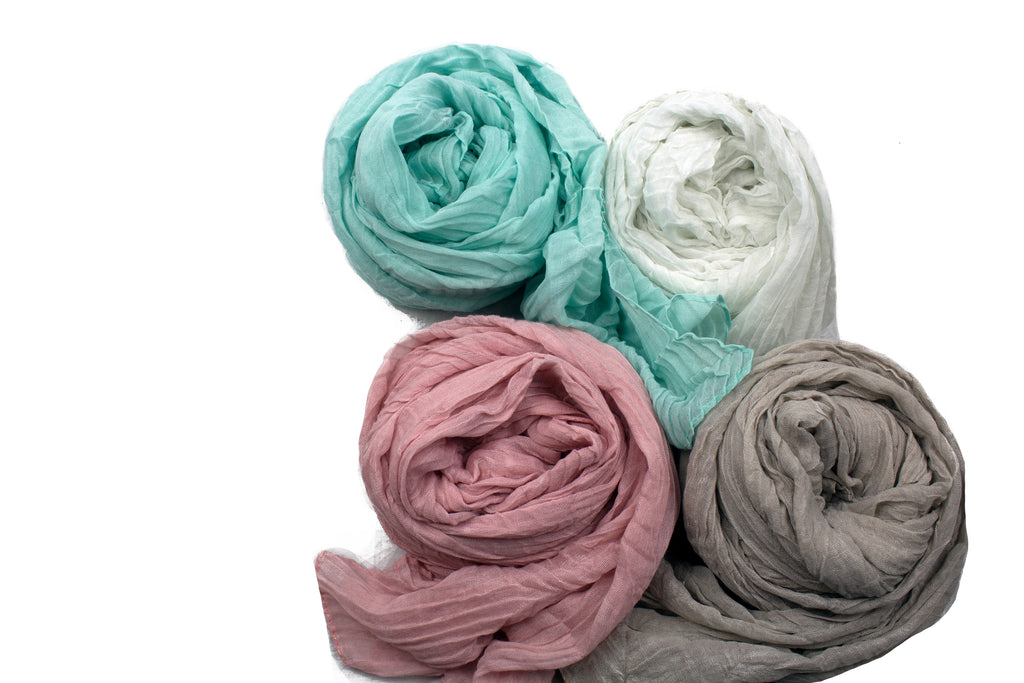 teal, white, pink, and taupe pleated textured hijabs in a bundle 