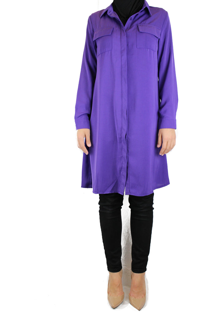 purple modest long sleeved dress shirt with pockets and a collar