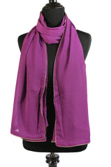 purple chiffon hijab with gold zipper embellishment along the edges