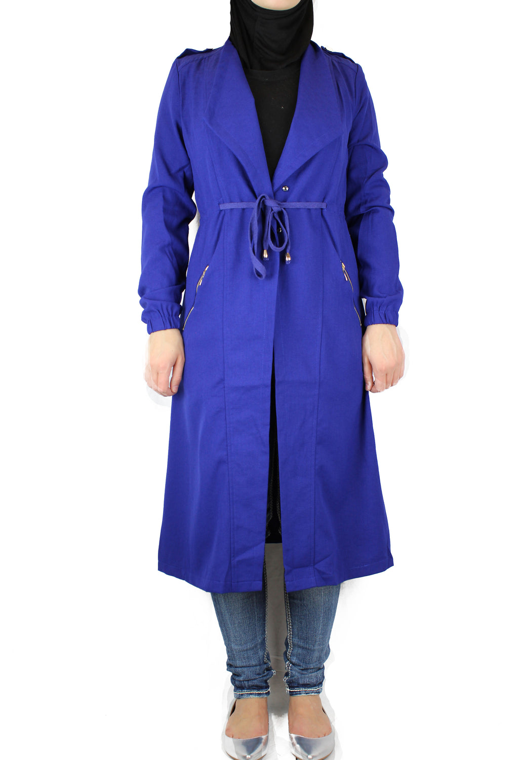 royal blue open front long sleeve cascade jacket with pockets and zipper closures with a waist tie