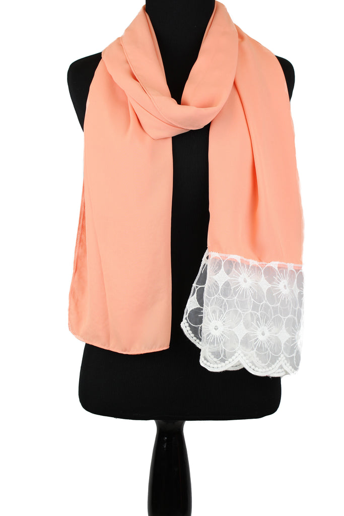 georgette hijab in salmon with lace on one end