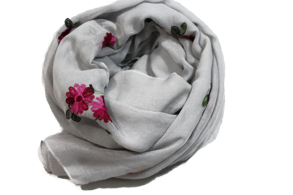 light gray solid viscose hijab with floral embroidery in pink red and orange