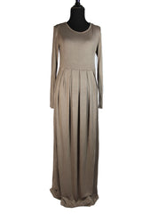 tan long sleeve a line maxi dress in stretchy jersey material