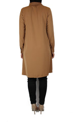 mocha modest long sleeved dress shirt with pockets and a collar