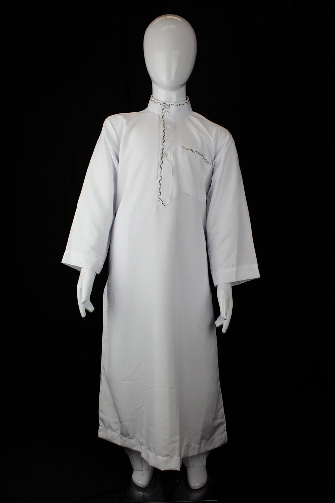 white boy's jilbab with a collar and embroidery