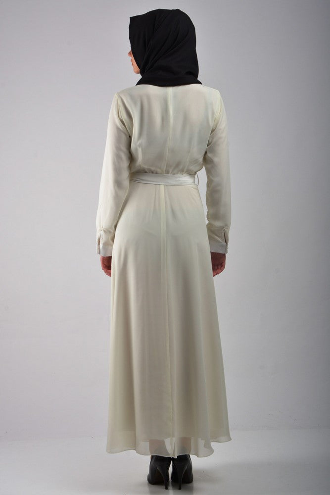 long sleeve maxi dress with a waist tie in white