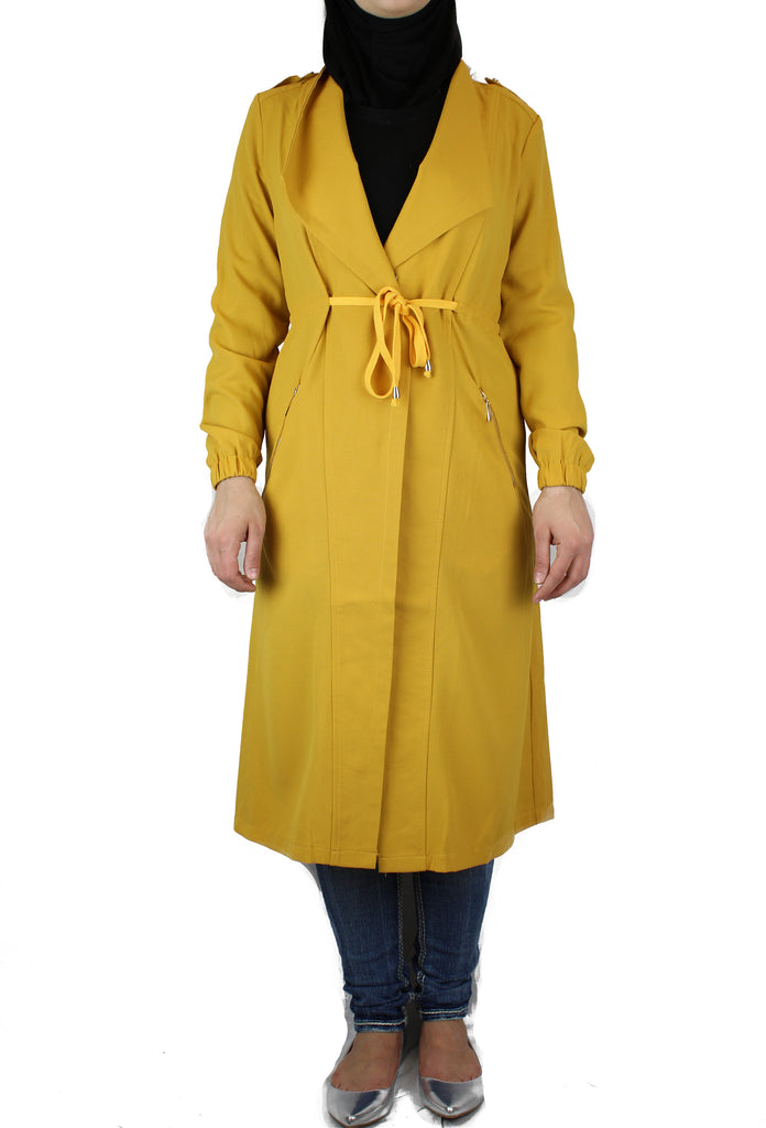 long sleeved mustard maxi cardigan with pockets and a waist tie